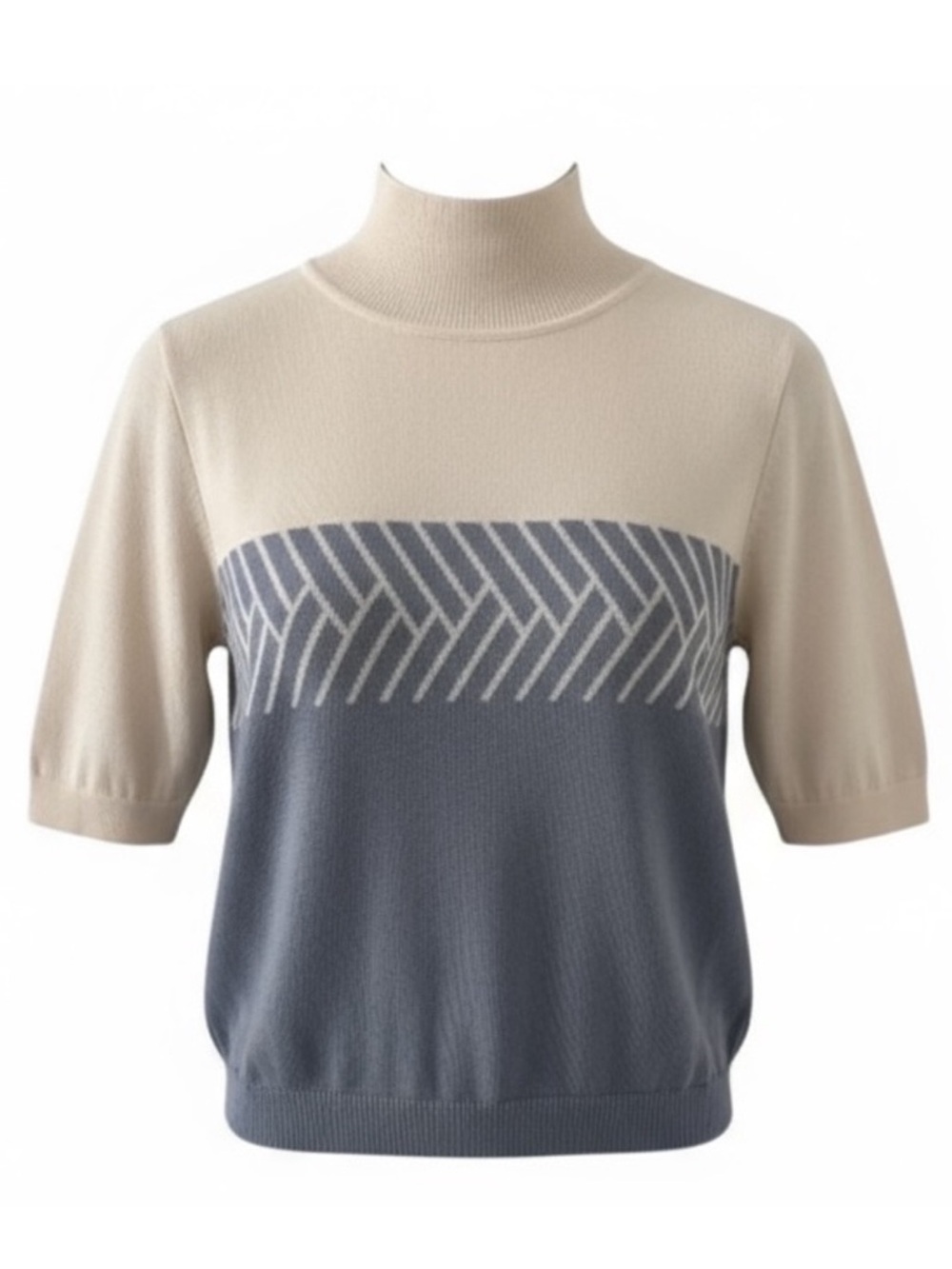 Como Sport Cream & Slate Blue Mock Neck Short Sleeve Wool Silk Blend Sweater